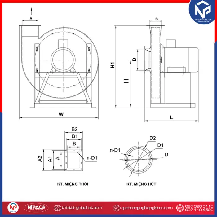 Quạt ly tâm cao áp 2HP NPC152-3.55A-1.5KW-2P 19 Bản vẽ lắp đặt quạt ly tâm cao áp gián tiếp
