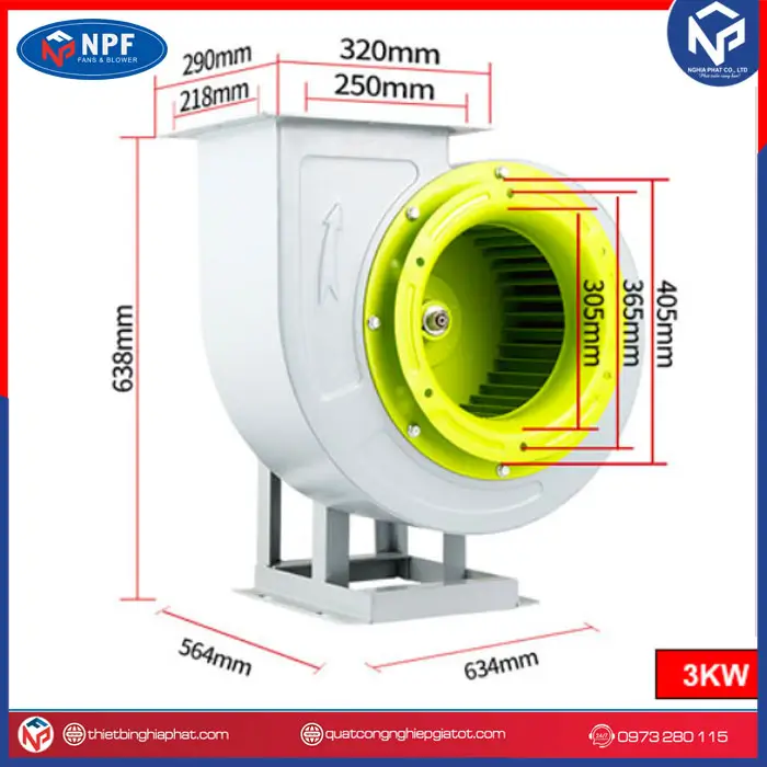 Kích thước Quạt ly tâm 3KW hút khói 3KW CF-11-3.5A