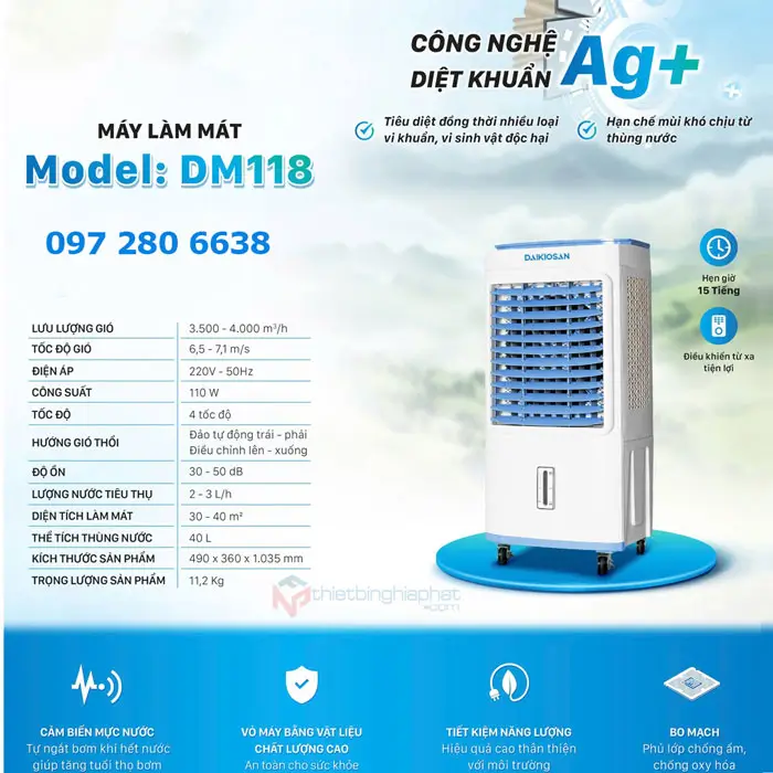 Máy làm mát Daikiosan DM118 công nghệ kháng khuẩn Ion bạc