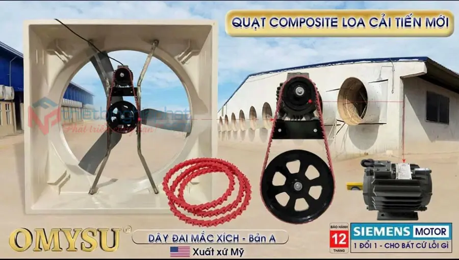 Quạt composite loa 1460x1460 dây đai mắc xích USA cải tiến