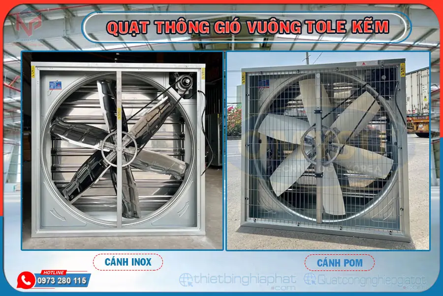 Quạt thông gió vuông khung tole kẽm cánh INOX và Cánh POM